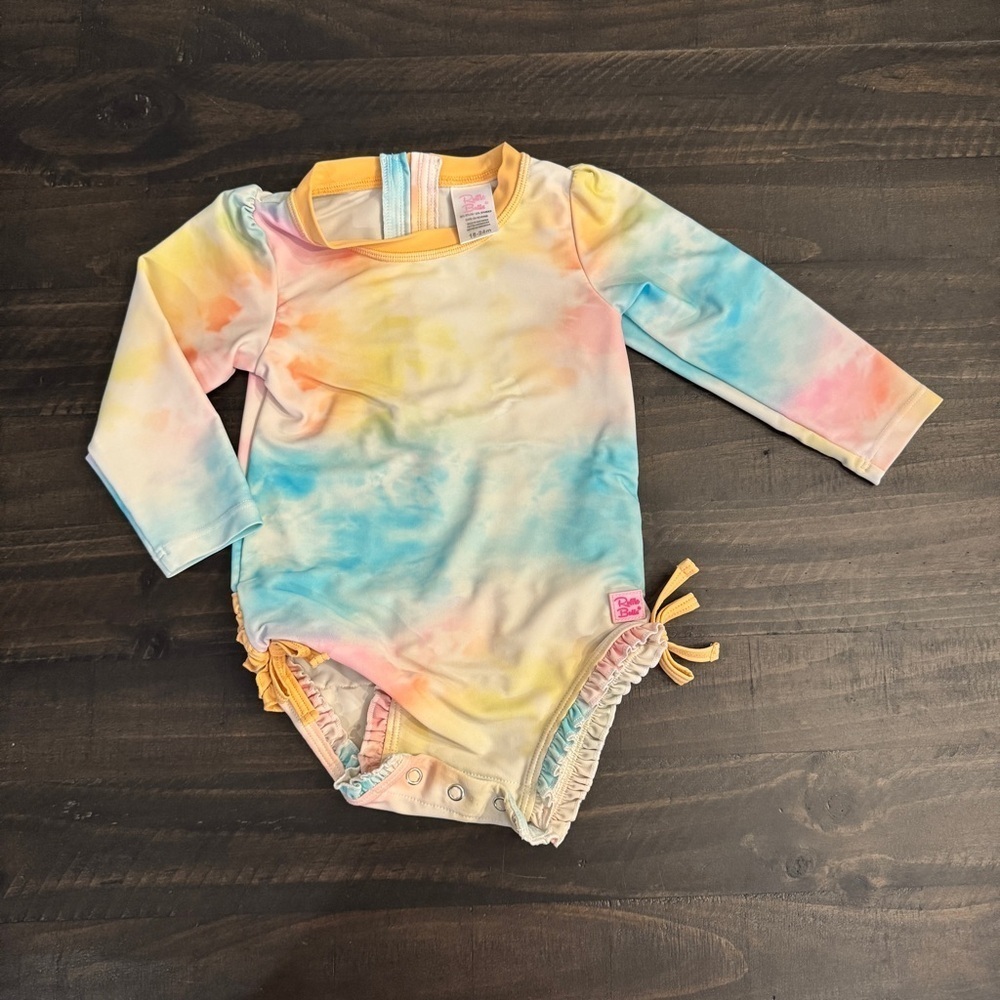 RuffleButts Baby Girl Rash Guard Swimsuit UPF 50+ Rainbow Tie Dye 18-24M - Picture 3 of 6